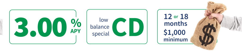 Earn more with your money with a low minimum balance CD, terms of 12 or 18 months at a great interest rate.